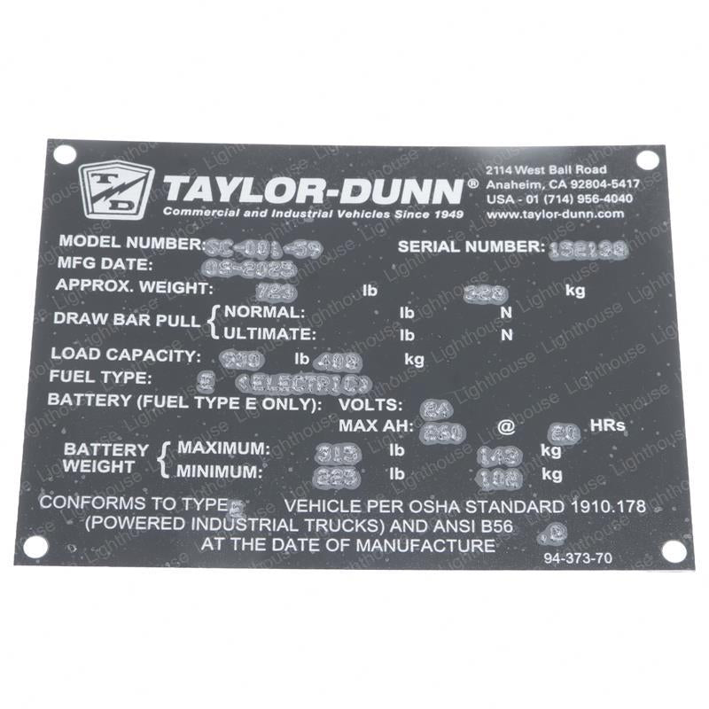 TAYLOR DUNN DECAL VEHICLE DATA