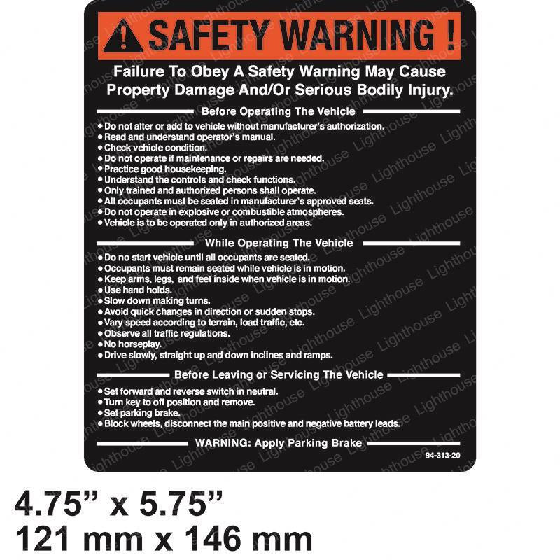 TAYLOR DUNN DECAL - SAFETY WARNING